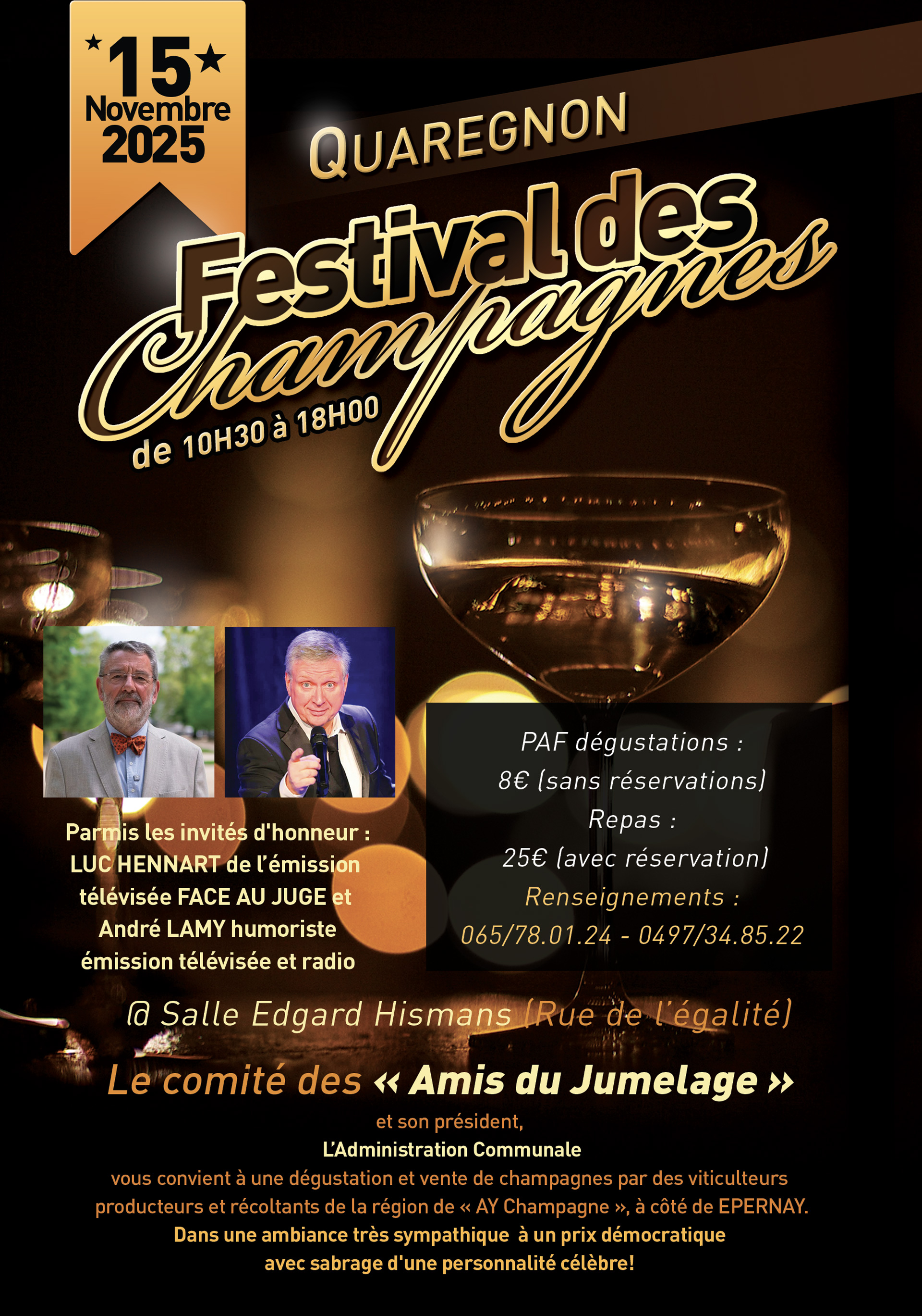 Affiche principale du Festival des Champagnes 2025 à Quaregnon : titre, date du 15 novembre 2025, invités d'honneur et informations de contact.