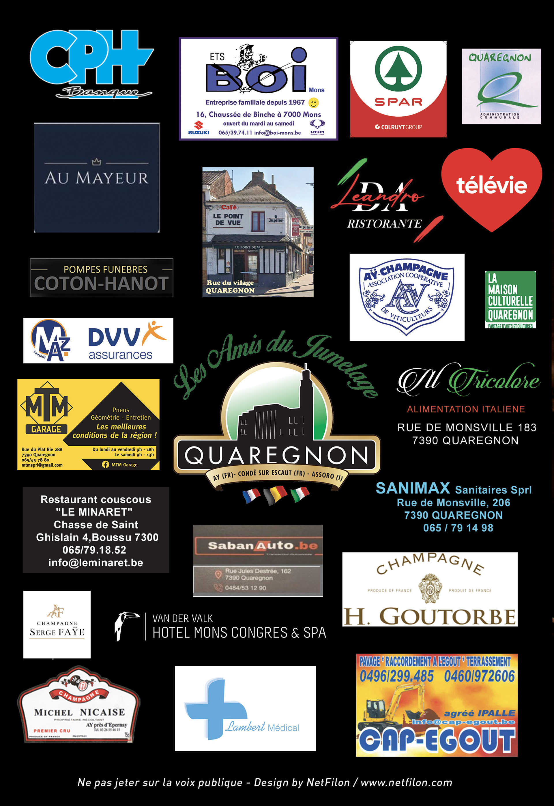 Panneau des partenaires et sponsors du Festival des Champagnes à Quaregnon avec les logos des entreprises.